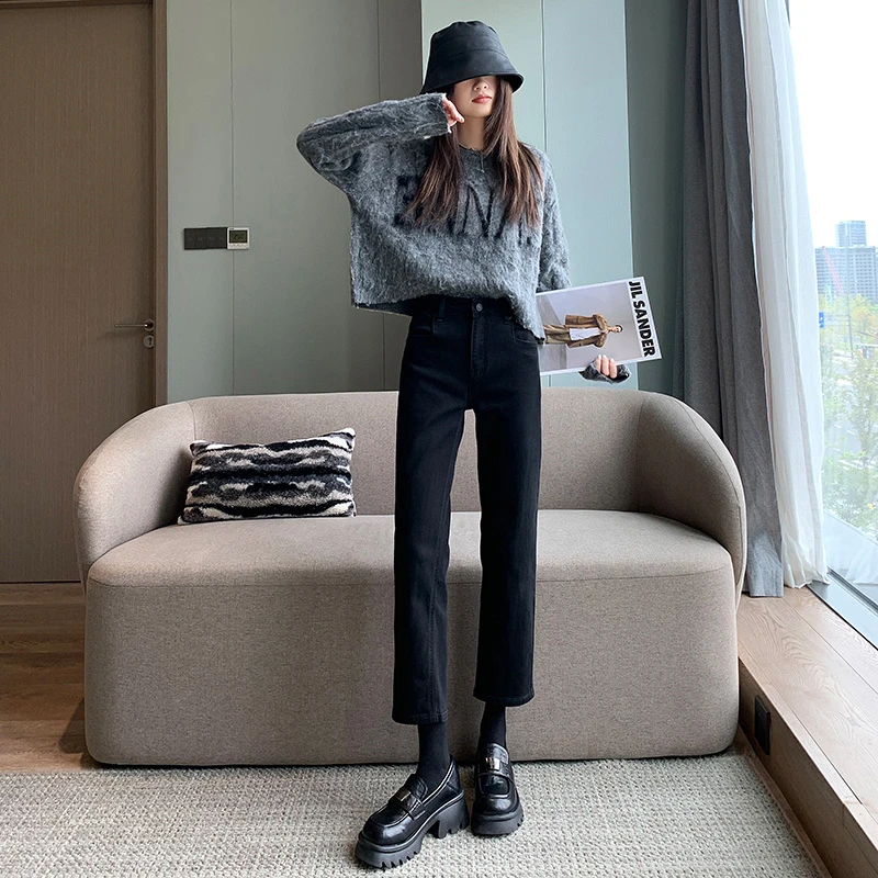 24冬季新款蝴蝶结刺绣高腰显瘦弹力超赛面料直筒法棍烟管牛仔裤女