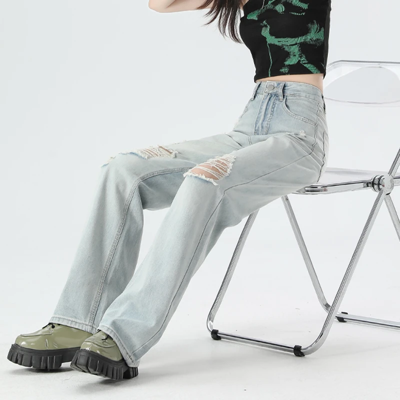 高品质夏季牛仔裤女2024年新款破洞高腰显瘦直筒宽松垂感拖地裤子