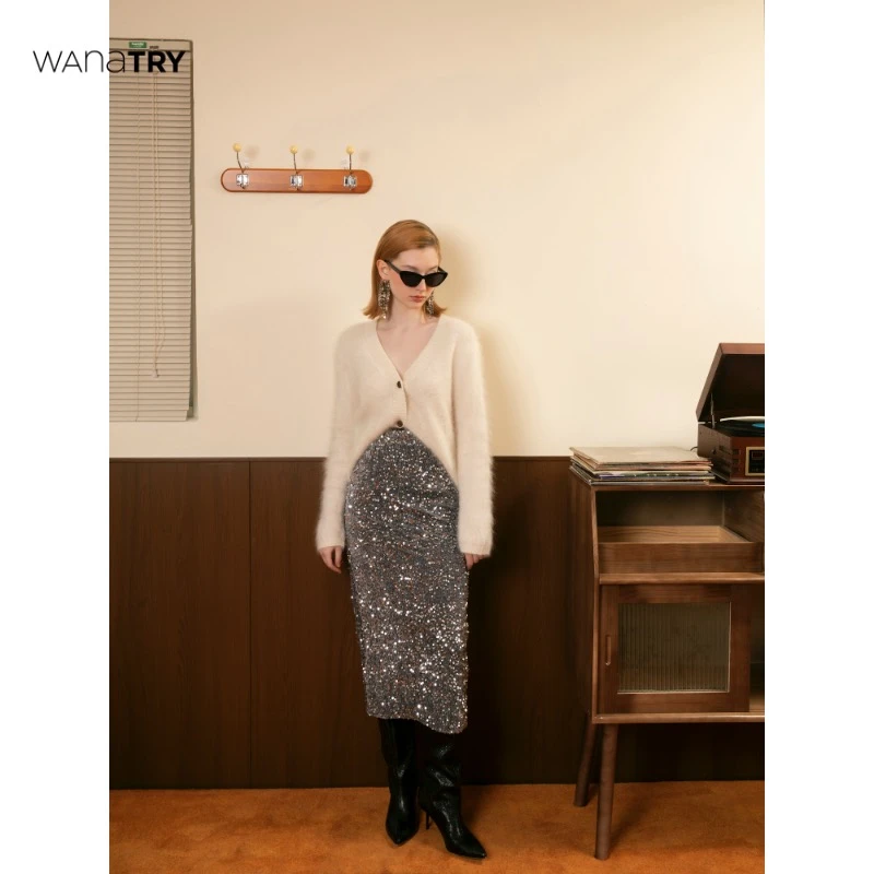 Wana Try高级灰色/黑色节日氛围感重工亮片中裙（后开衩）【达人】