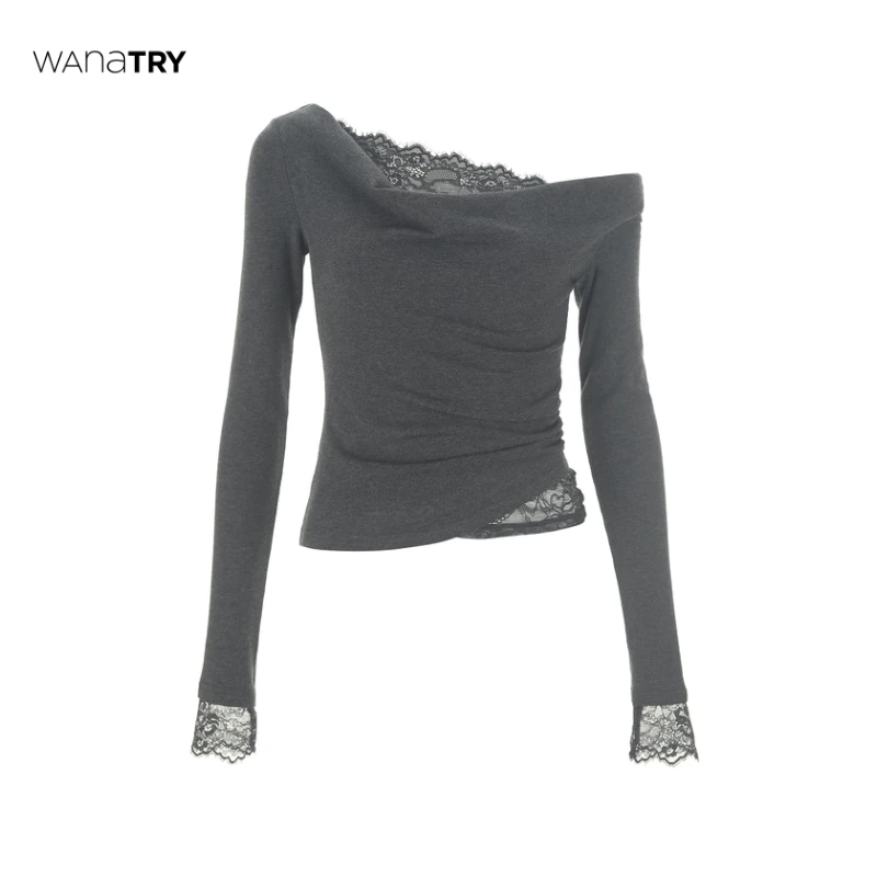 【自播专享】Wana Try 时尚深灰色修身百搭纯欲小心机蕾丝花边上衣