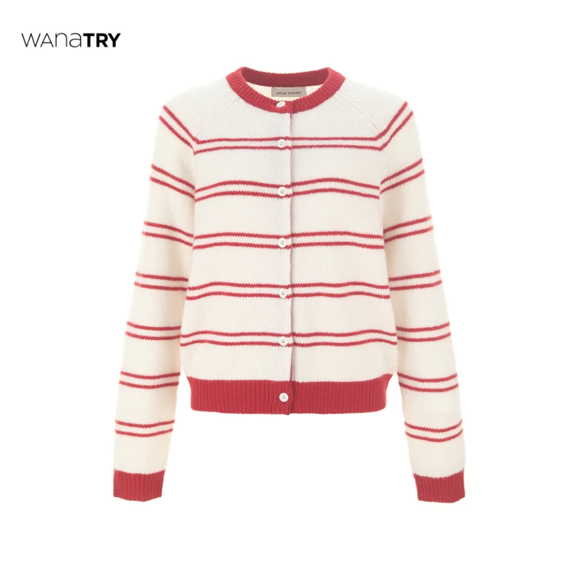 【自播专享】Wana Try 秋冬长袖圆领羊绒杏色羊毛韩系拼色条纹开衫