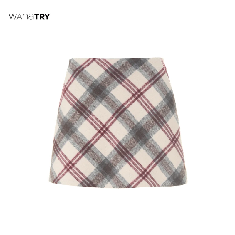 【自播专享】Wana Try秋冬时尚米白色节日条纹感格纹A字半裙（有兜）