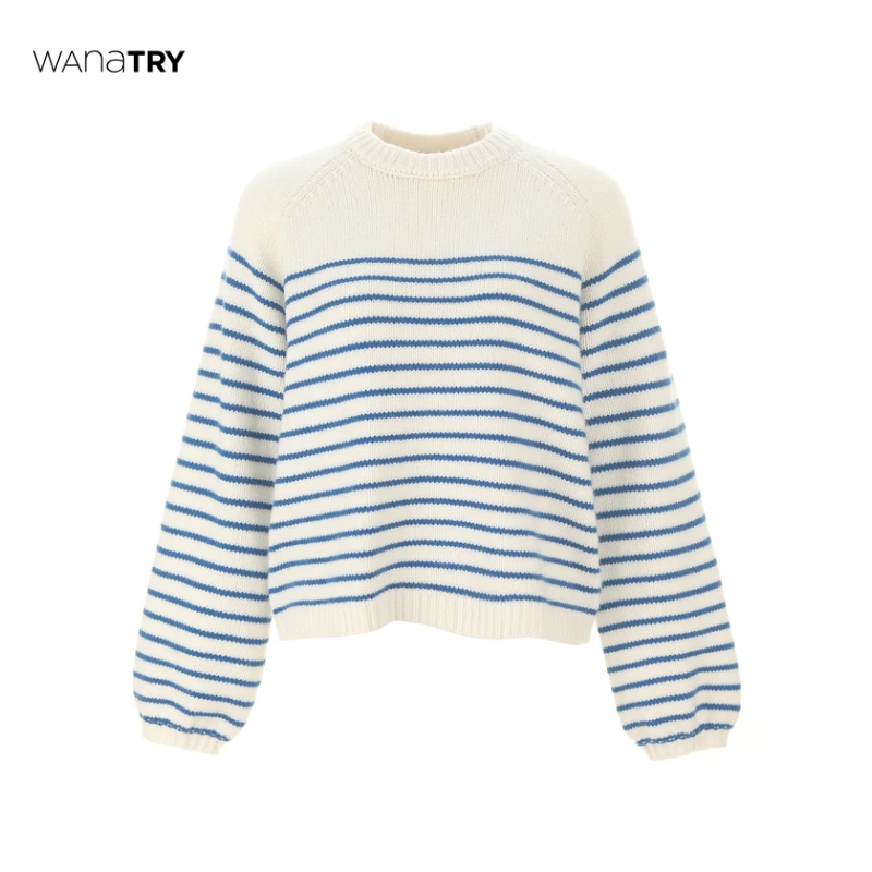Wana try 白色条纹圆领套头针织衫【达人】