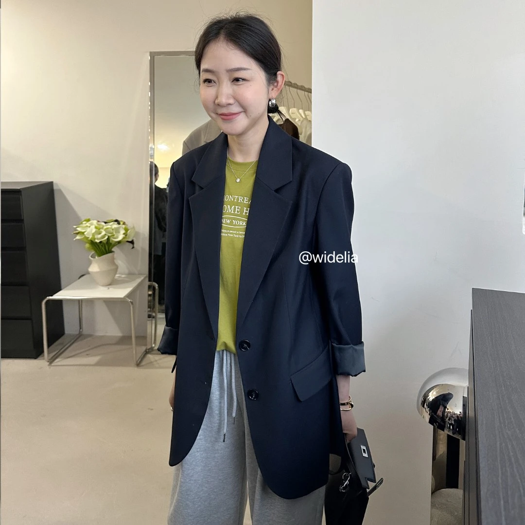 widelia林宝宝气质简约通勤宽松百搭休闲两粒扣翻领西装外套7086