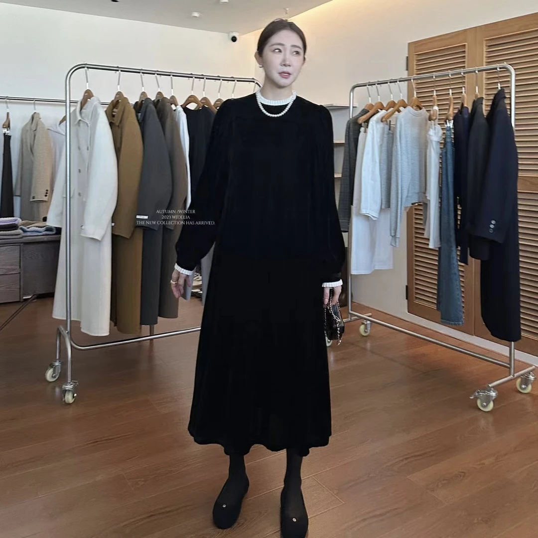 widelia林宝宝韩版休闲百搭时尚宽松气质圆领丝绒长袖连衣裙9297