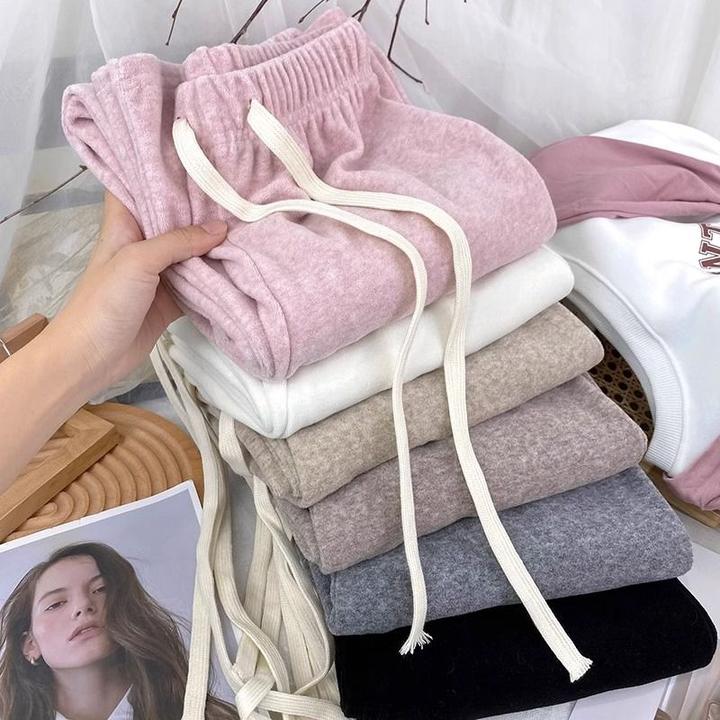 高腰抽绳毛巾糯米阔腿裤女宽松秋冬显瘦垂感直筒温暖休闲拖地裤子