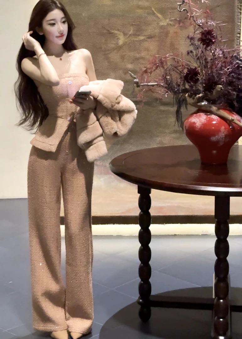 WW定制「月光信诗」法式气质显瘦修身秋冬长袖高腰上衣裤子套装