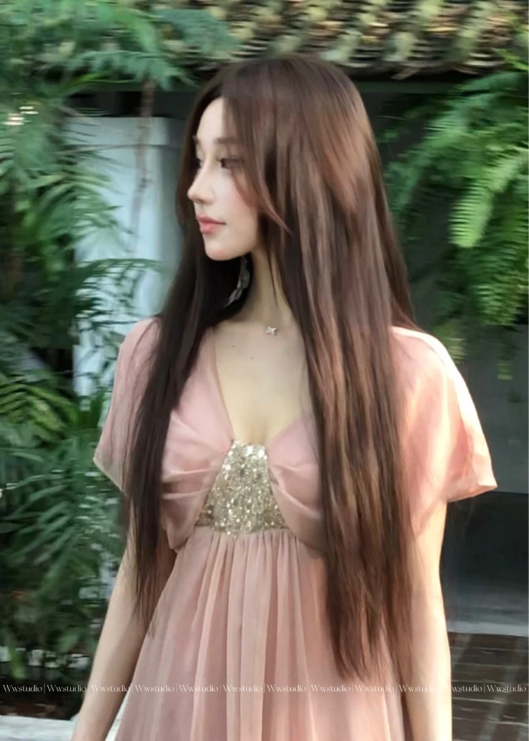 WW定制「日落晚星」法式气质古早感轻奢性感名媛重工钉钻齐胸连衣裙