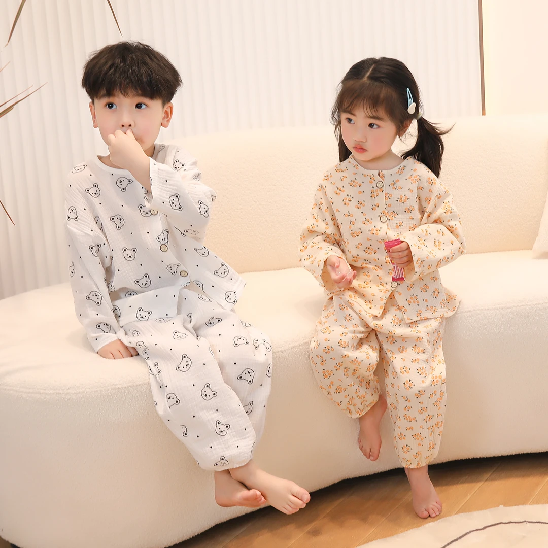 儿童纯棉纱布睡衣春夏棉纱家居服男女童百搭韩版两件套宝宝空调服