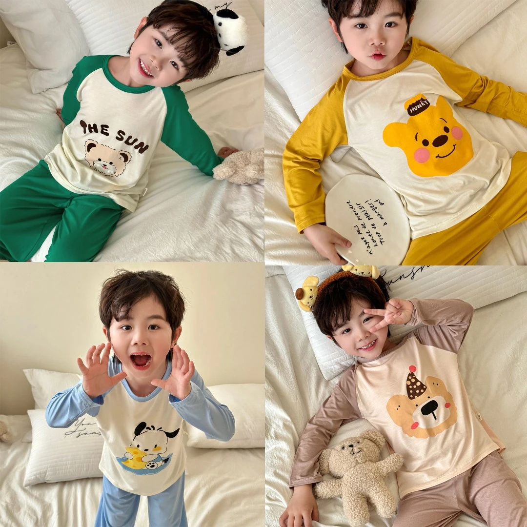 儿童秋季薄款莫代尔睡衣小孩男孩女孩长袖长裤空调服套装家居服