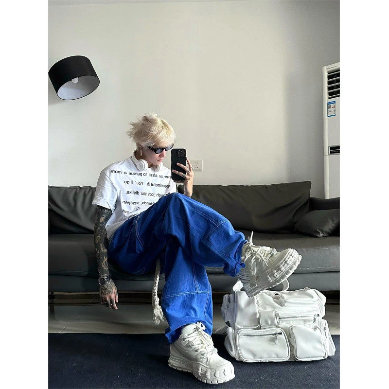 2025爆款设计感抽绳工装休闲裤男秋季新款高腰宽松百搭直筒阔腿裤