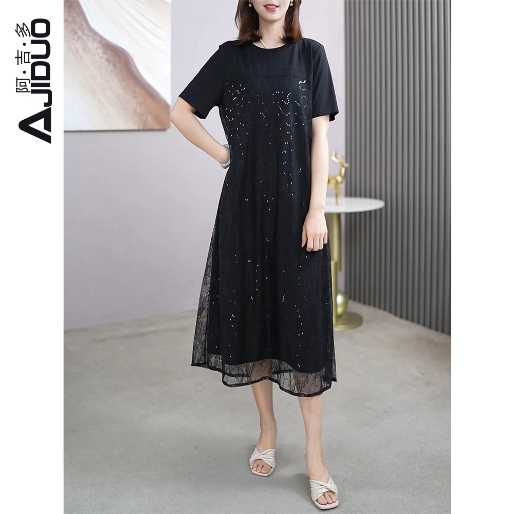 阿吉多时尚拼接蕾丝亮片连衣裙2024夏季新款显瘦洋气小黑裙长裙子