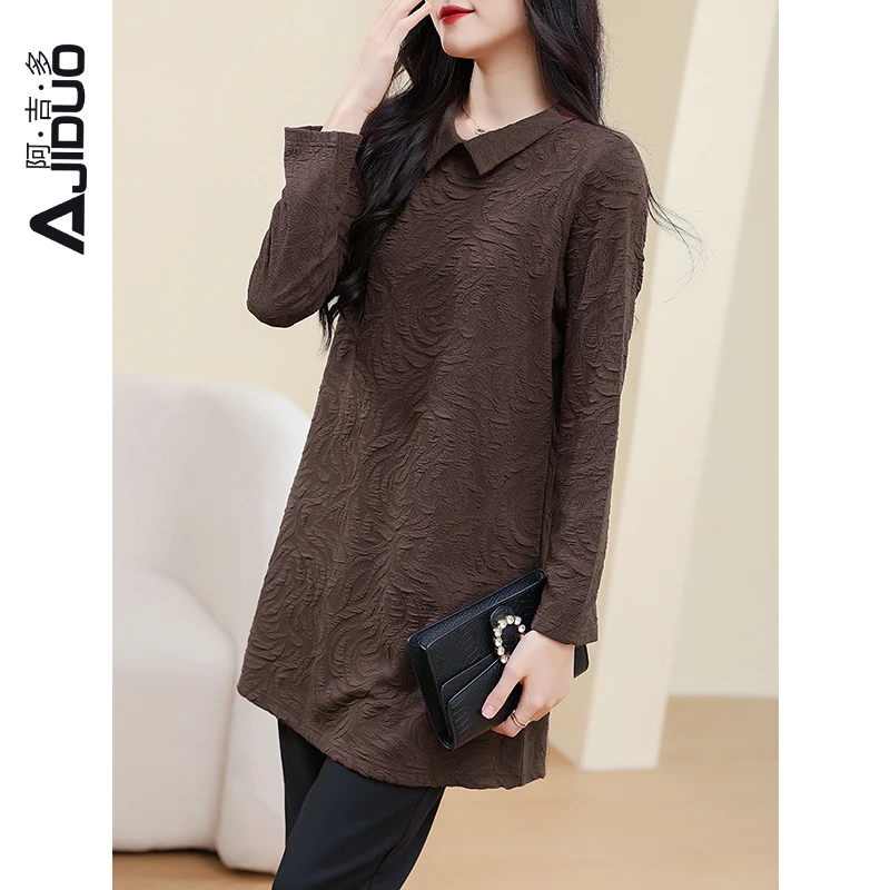 减龄翻领中长版长袖T恤女遮屁股显瘦长袖宽松秋冬新款提花打底衫