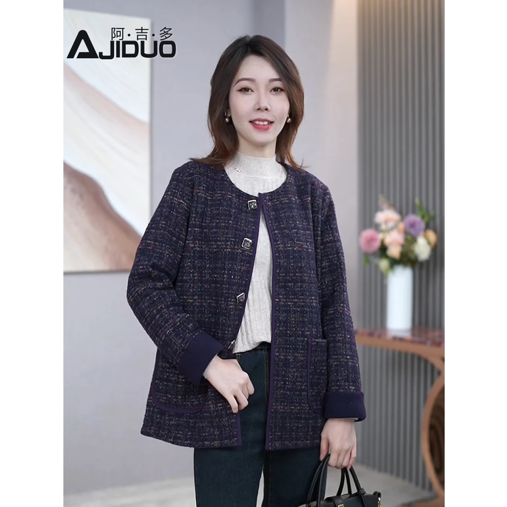 阿吉多气质优雅小香风外套春季新款时尚大码显瘦百搭保暖毛呢外套