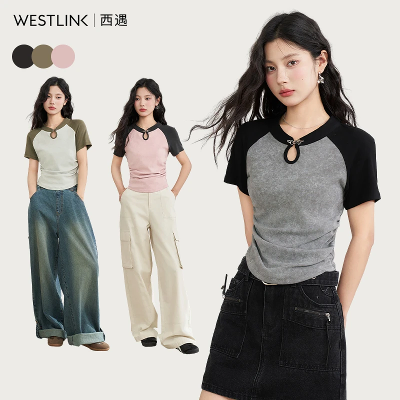 0180西遇新中式立领插肩袖短袖女2024春季新款褶皱显瘦短款T恤