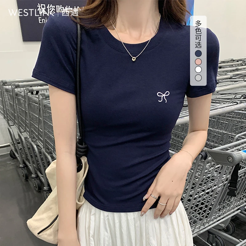 40124西遇S圆领白色T恤女2024夏季新款早秋简约蝴蝶结图案上衣
