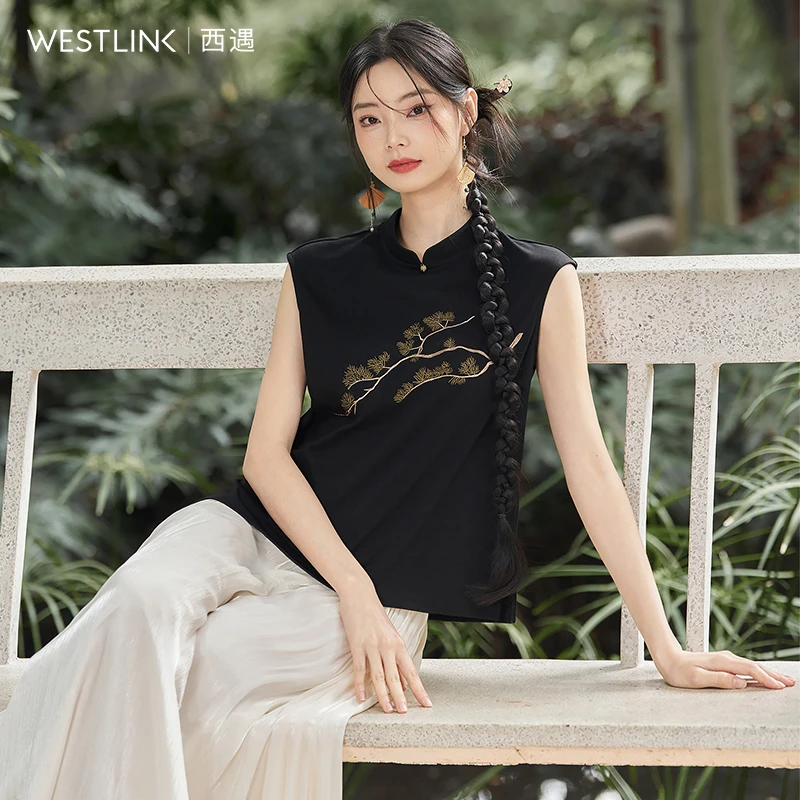 0316西遇新中式正肩黑色T恤女2024春新款刺绣修身设计感短袖上衣