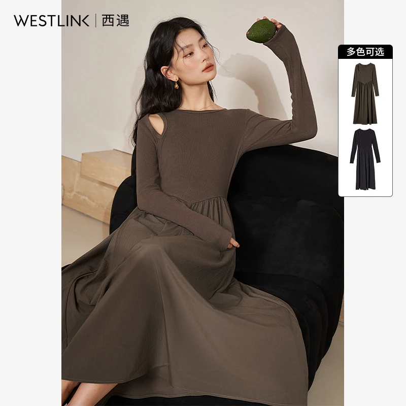 32617西遇长袖针织连衣裙2024年春秋季新款垂坠长款咖色裙子