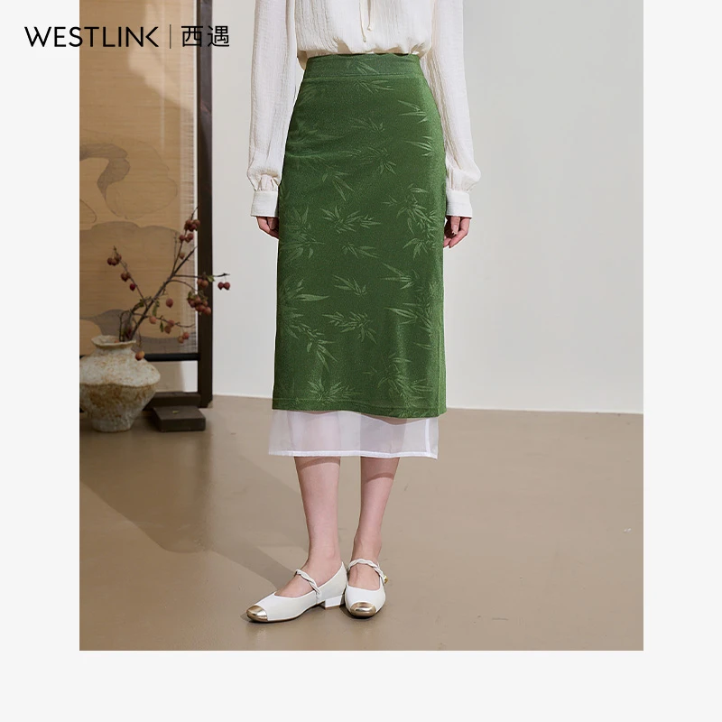 42218西遇新中式碎花半身裙女2024年秋季新款绿色丝绒开叉中长裙