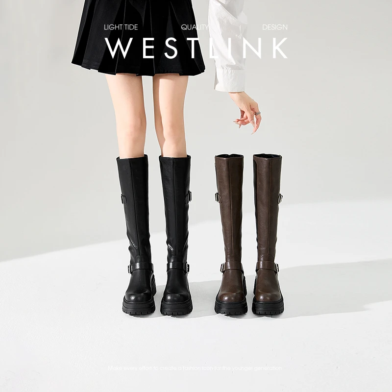 西遇厚底骑士靴女2024新款秋冬英伦风机车靴高筒长靴子棕色长筒靴