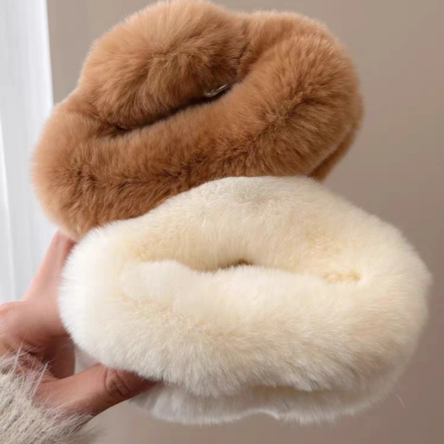 雅丹秋冬超大号兔毛云朵发夹獭兔真毛盘发抓夹鲨鱼夹子加绒毛发卡