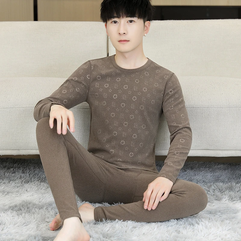 双面德绒发热圆领男秋衣裤秋裤青少年大童学生半高领保暖内衣套装