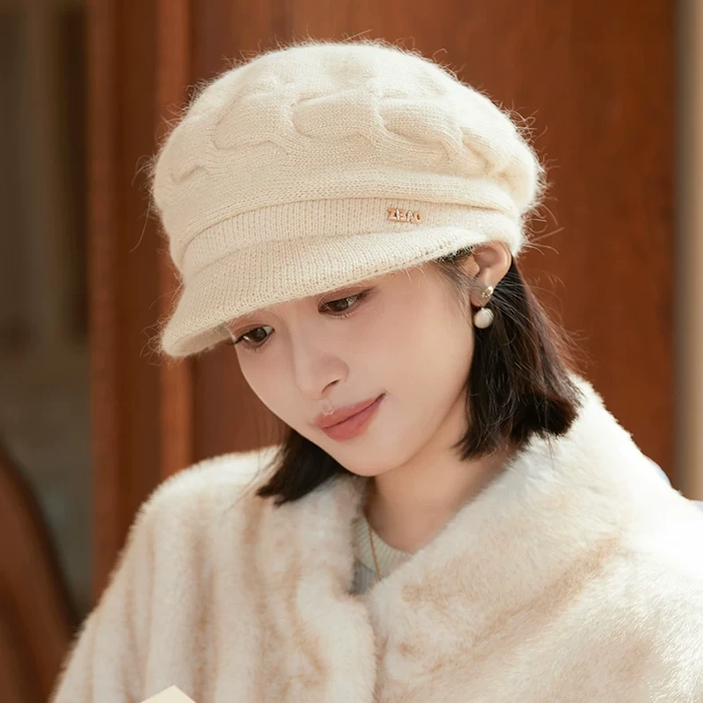 帽子女冬季新款针织毛线帽兔毛时尚加厚保暖鸭舌防寒贝雷帽妈妈帽