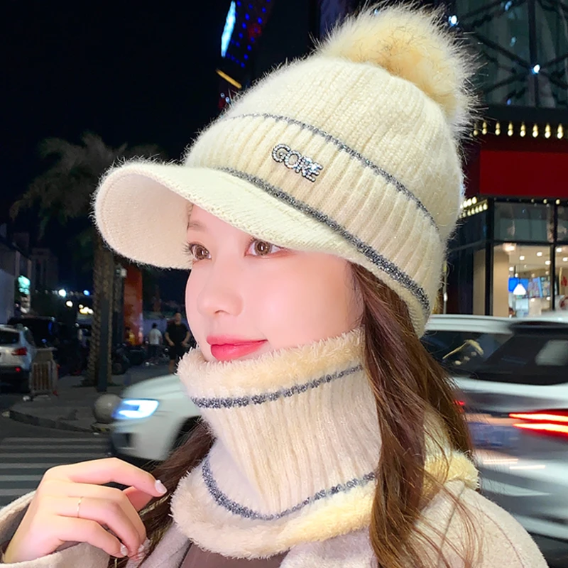 帽子女冬季2023新款时尚加厚兔毛线帽骑车保暖防寒护耳鸭舌针织帽