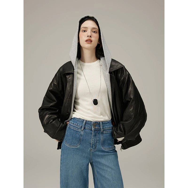 猫酱紫 假两件可拆卸皮衣棉服短款休闲百搭显瘦外套