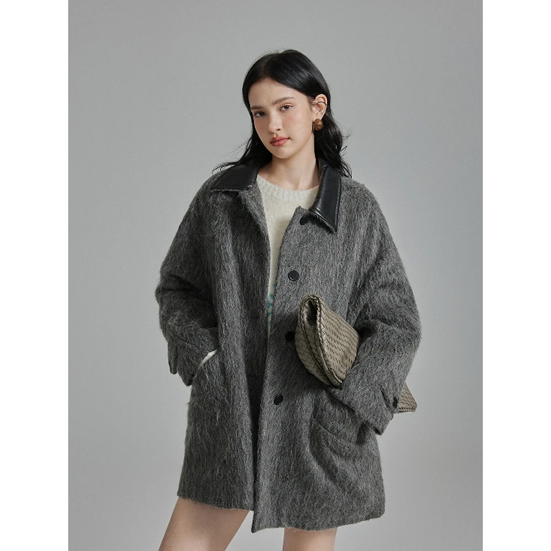 猫酱紫 翻领鹅绒服女2024冬季新款休闲复古宽松外套