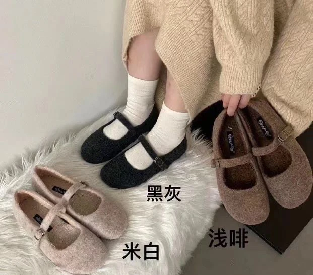 H 23-177A 平底百搭外穿毛毛鞋女鞋子2024新款秋冬加绒温柔晚晚鞋