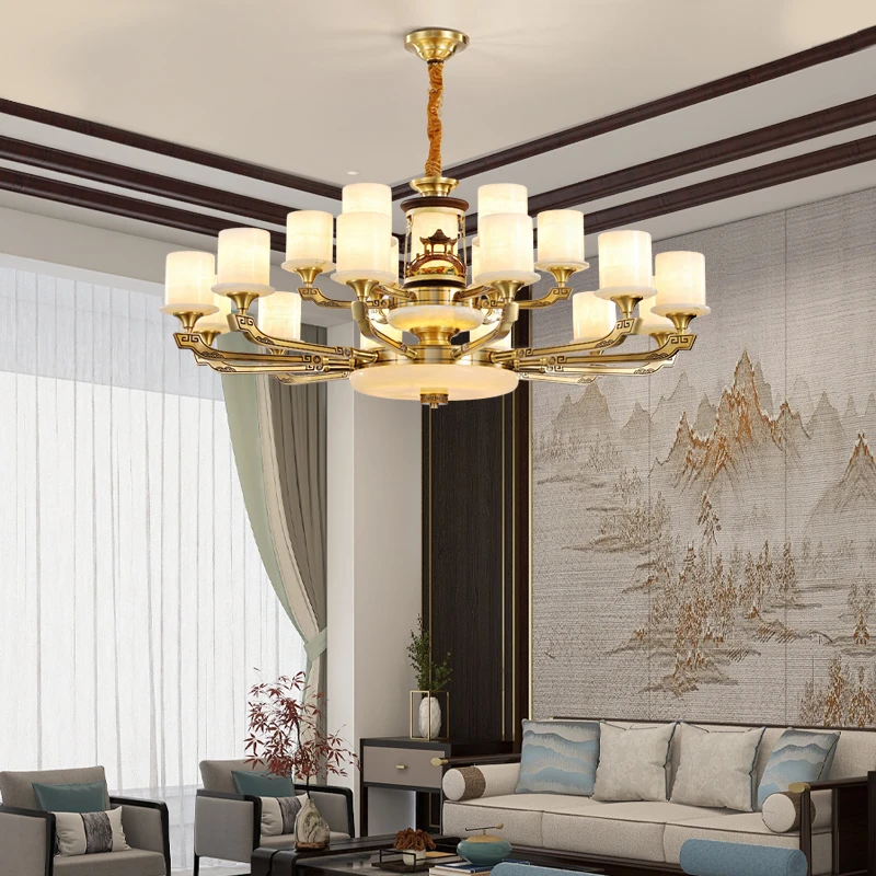 新中式全铜玉石大吊灯轻奢别墅高档客厅餐厅卧室国风玉石大气吊灯