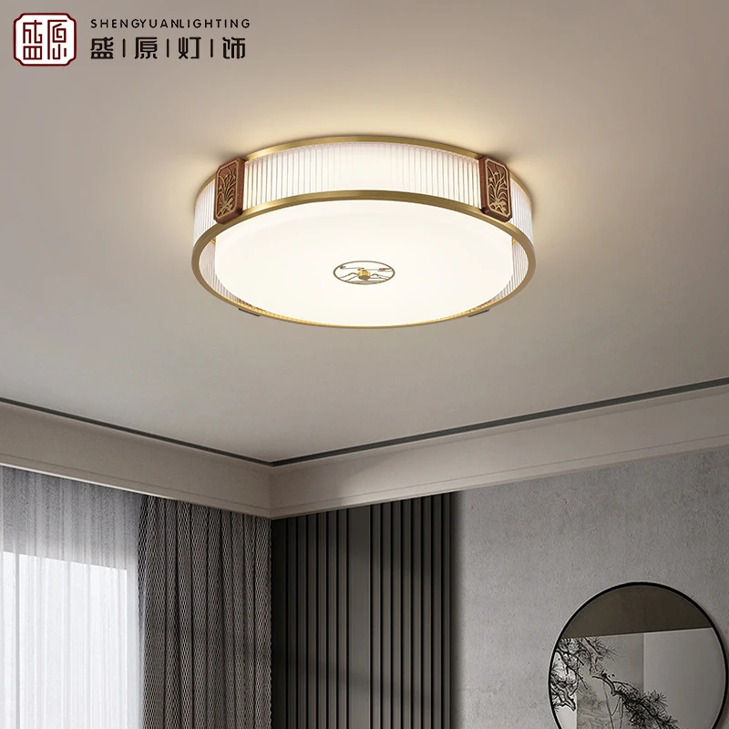 新中式吸顶灯胡桃木铜卧室灯中国风禅意书房房间灯2023年新款灯具