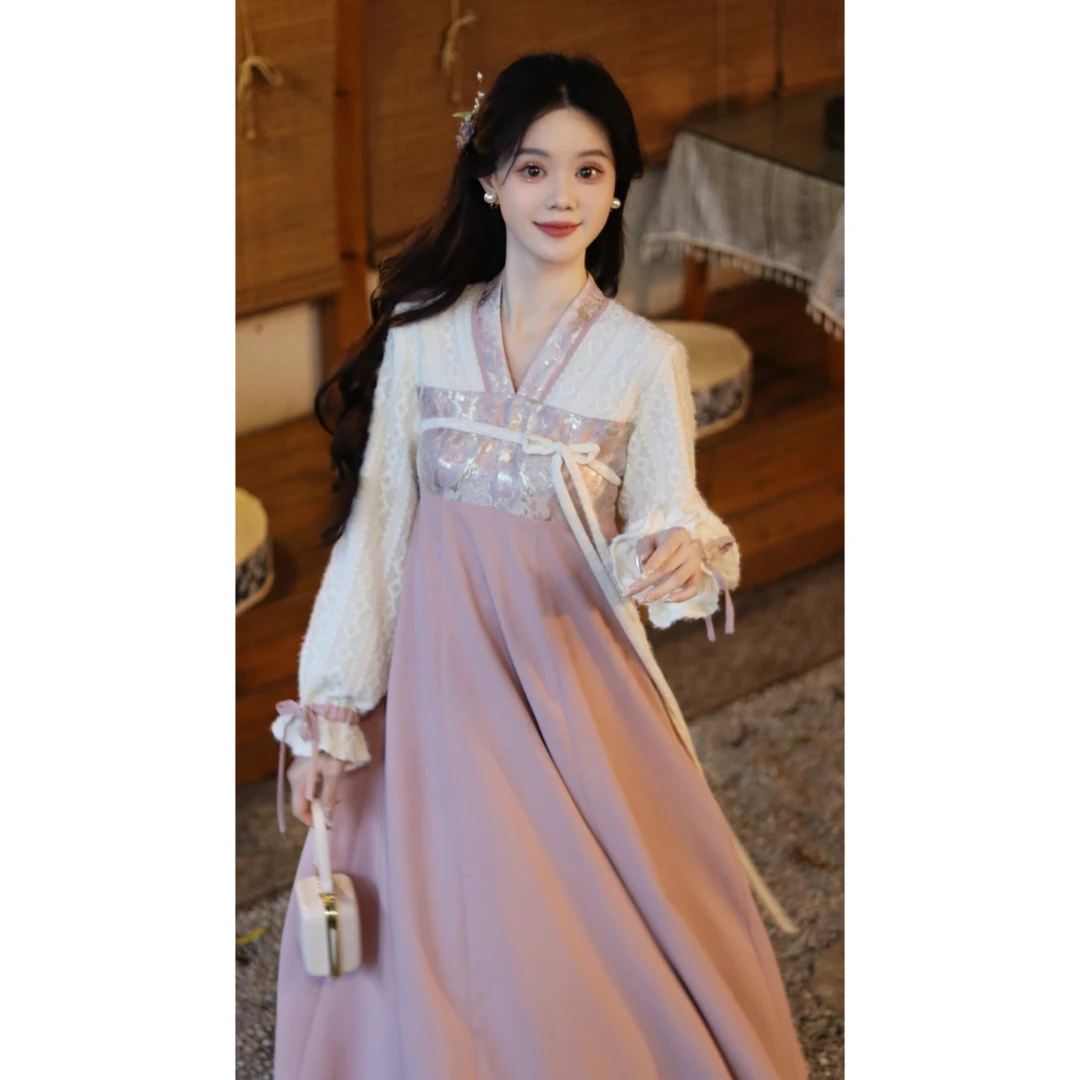 【华灯初上】中国风V领拼接长袖温柔古风大裙摆改良高贵连衣裙