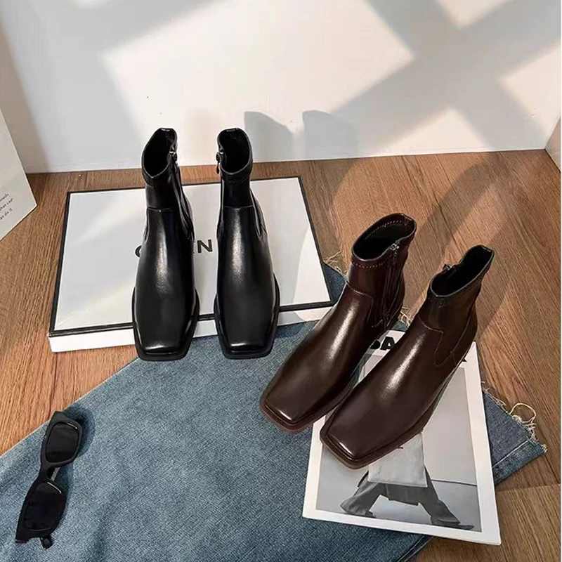 仙履手工女鞋/4cm/羊皮/方头粗跟百搭切尔西弹力瘦瘦靴英伦风短靴