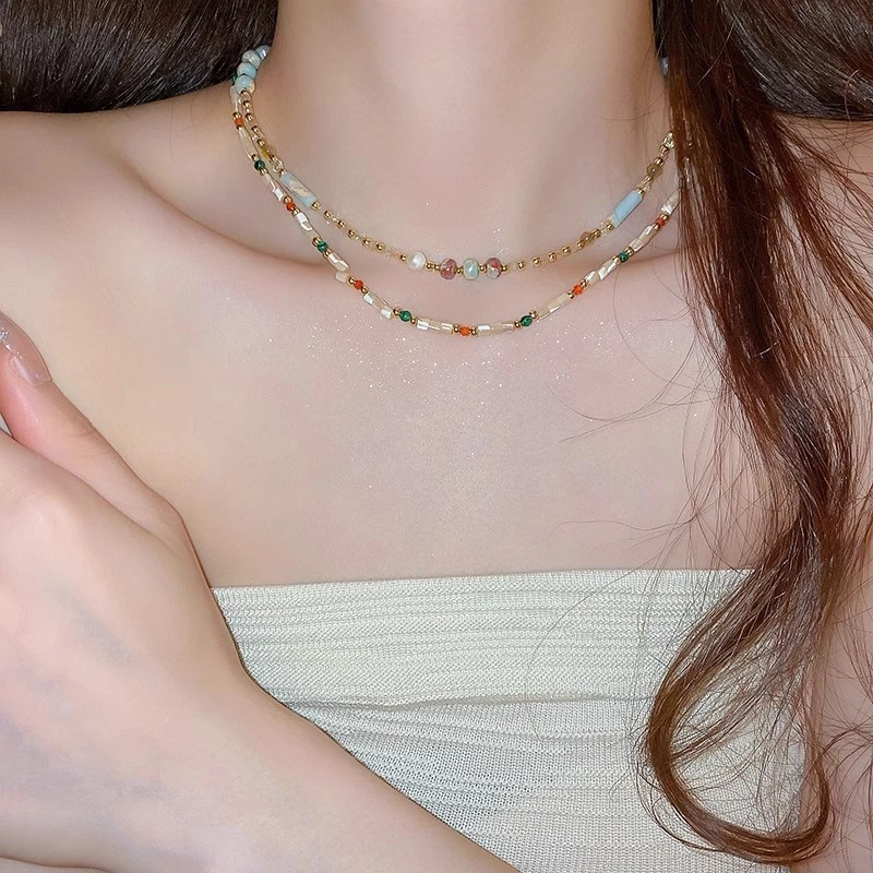 铜合金项链 轻奢小众复古彩色串珠项链女高级感锁骨链颈链配饰 品