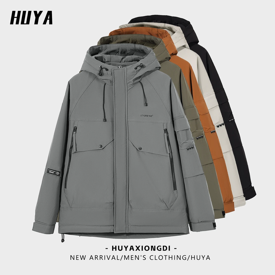 HUYA秋季时尚百搭美式复古印花拉链贴步纯色连帽外套夹克男M8830