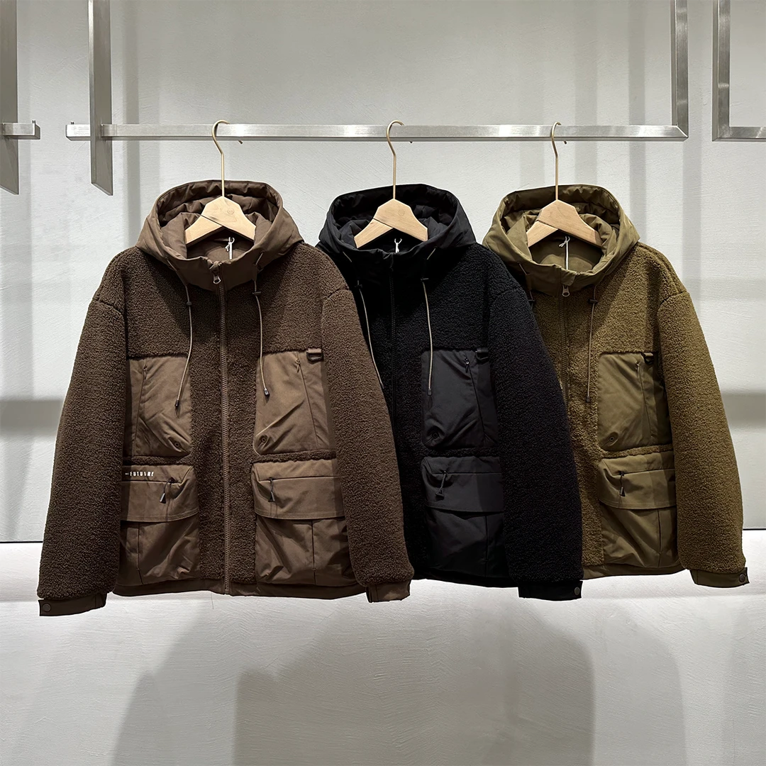 冬季新款情侣装工装风奥粒绒拼接棉衣青年多口袋连帽保暖加厚棉服