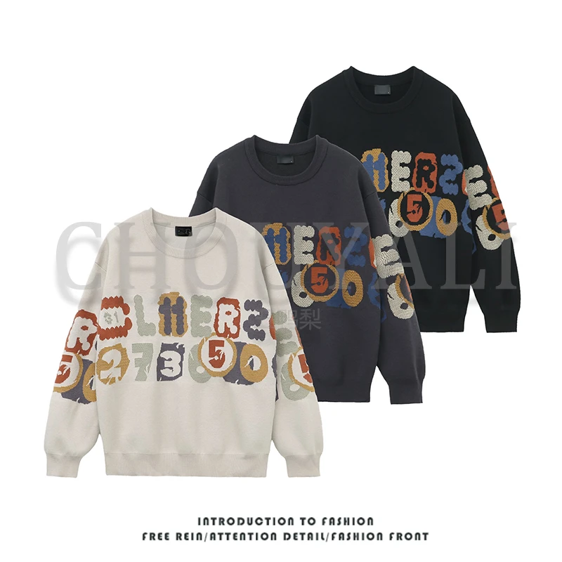 冬季新款情侣款毛衣时尚趣味字母撞色毛衣宽松加厚休闲圆领针织衫