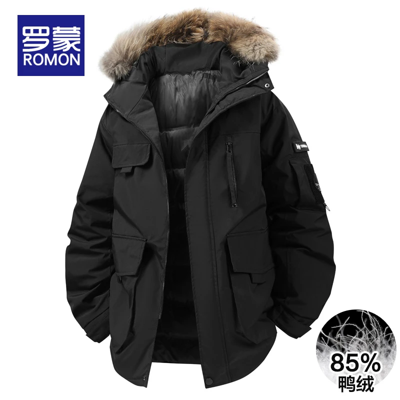罗蒙冬季大毛领长款羽绒服男户外工装男士多口袋保暖连帽外套男款