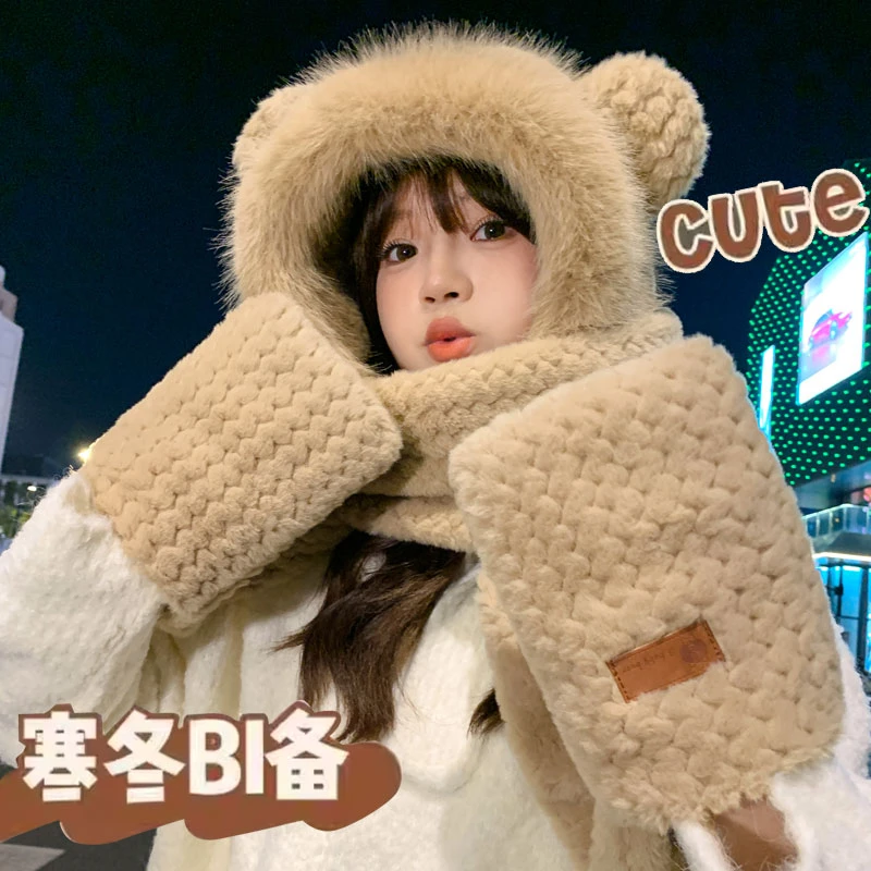 新款帽子围巾手套一体三件套加绒加厚保暖防寒帽护耳围脖雷锋帽女