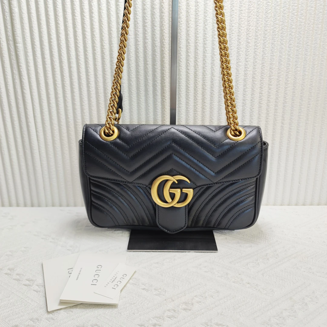 99新 GUCCI/古驰 女士经典时尚百搭黑金马蒙marmont斜挎二奢包包