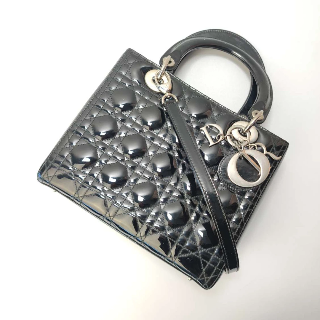 95新 DIOR/迪奥 女士经典时尚漆皮黑色黑银五格戴妃托特二奢包包