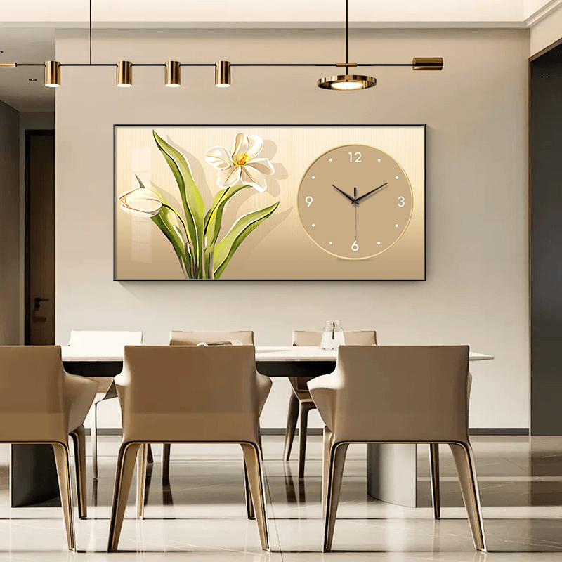 现代简约餐厅装饰画网红艺术时钟挂墙2023新花卉餐桌钟表挂钟北欧
