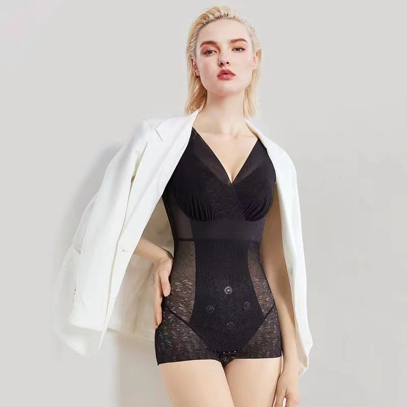 玻璃纱强压塑身衣夏季薄款免穿带胸垫三角包胸连体束身衣