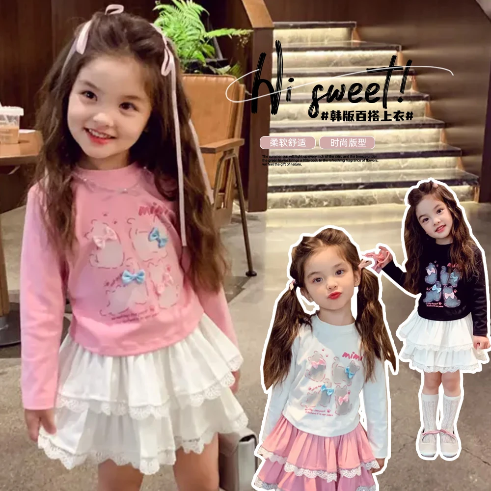 春季新款儿童薄绒立体蝴蝶结小猫T恤百搭甜美长袖打底衫