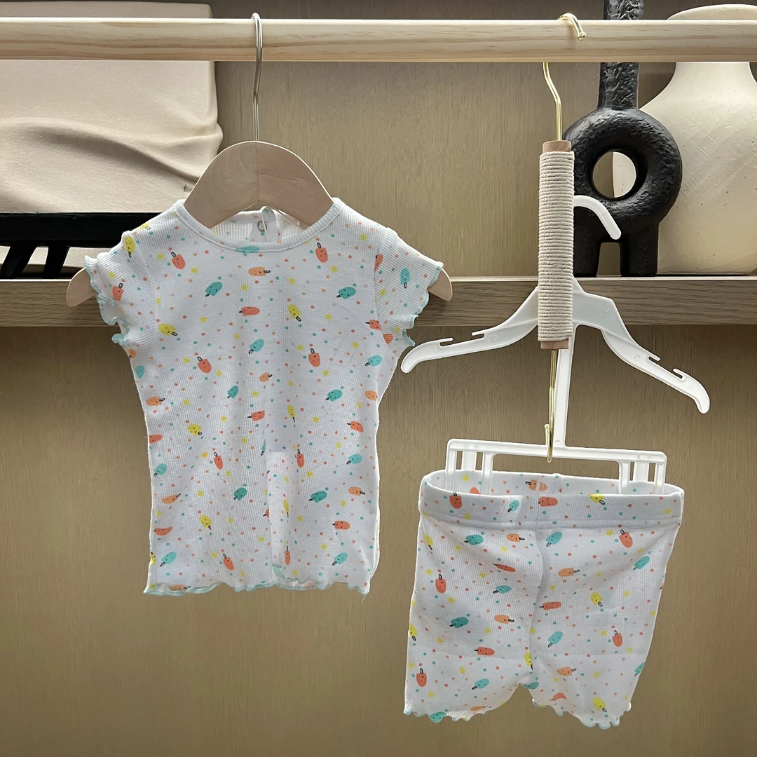 女婴童白底满印花纯棉短袖短裤家居服套装夏款波点