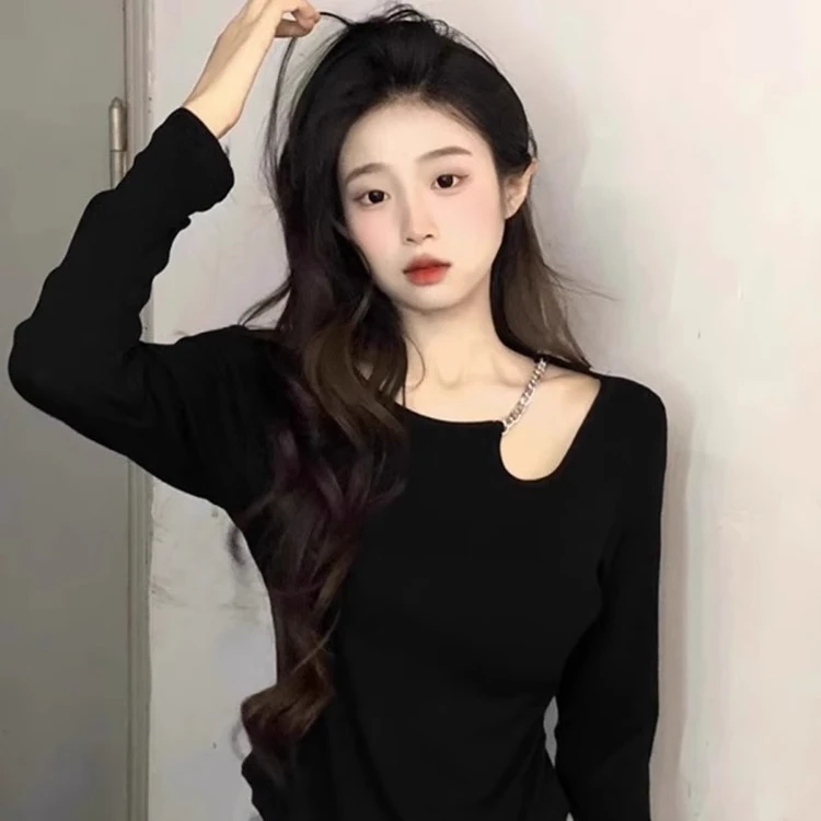 2024新款女装春秋显瘦纯色内搭不规则长袖t恤上衣欧货洋气小衫