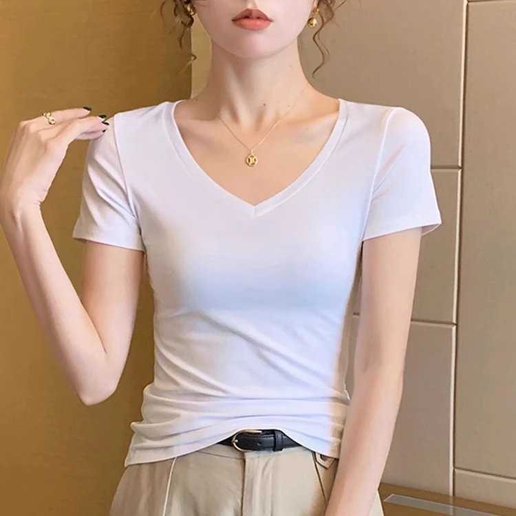 纯白色v领短袖t女夏季2024年新款莫代尔正肩修身紧身显瘦半袖上衣