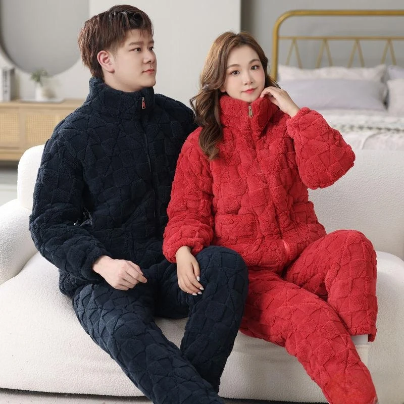 <方格绒>保暖睡衣女士家居服三层秋冬季长袖冬款新款睡衣套装